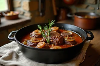Carbonnade flamande ch'ti mijotant dans une cocotte en fonte avec bière brune et oignons caramélisés, cuisine rustique du Nord