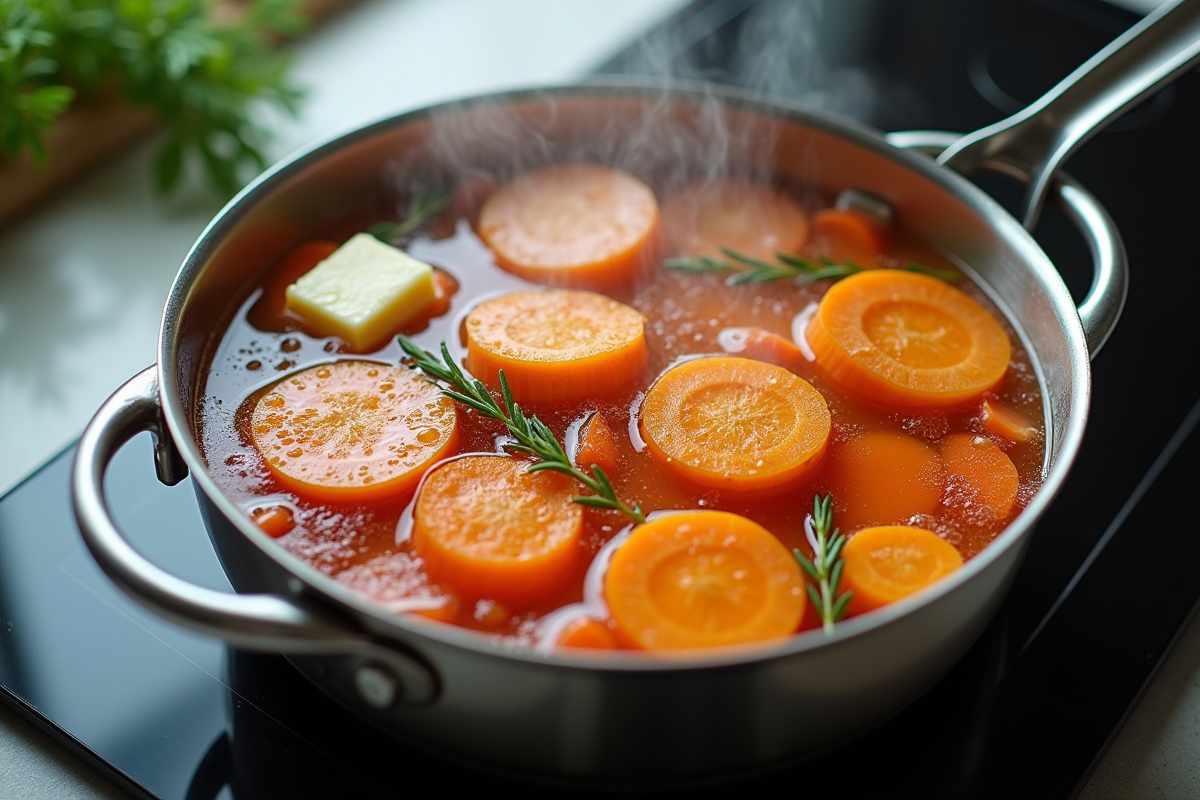 Carottes en cuisson dans une casserole sur une plaque moderne