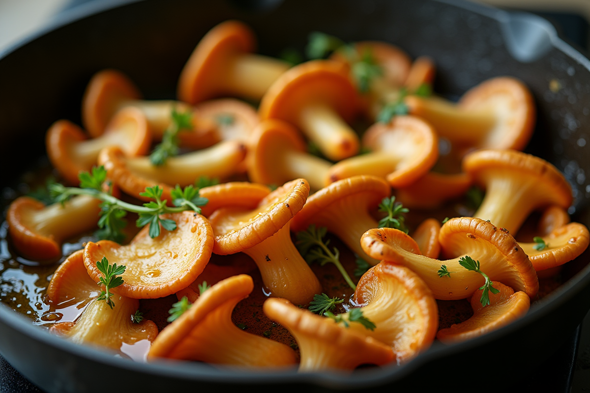Chanterelles dorées sautées avec des herbes fraîches dans une poêle en fonte