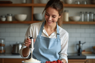 Jeune femme pressant chantilly sur fraises fraîches