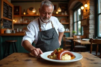 Chef français préparant un boudin noir dans un bistrot