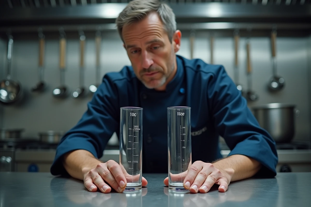 Chef cuisinier comparant deux éprouvettes graduées de 10 cl et 1 litre dans une cuisine professionnelle