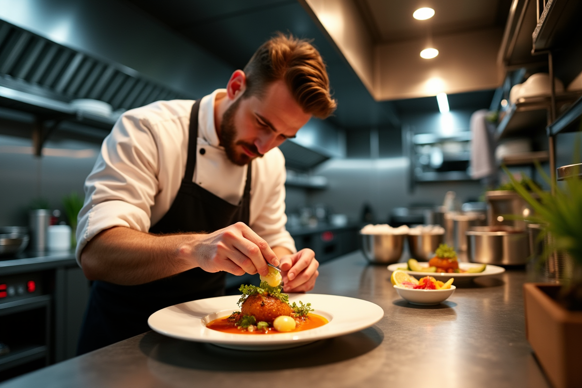 Chef en cuisine moderne dressant un plat avec ingrédients frais