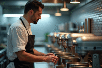Chef professionnel examine équipement de cuisine moderne