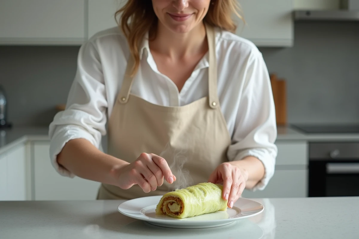Cheffe cuisinière dressant un chou farci dans une assiette blanche dans une cuisine moderne minimaliste, tablier en lin beige
