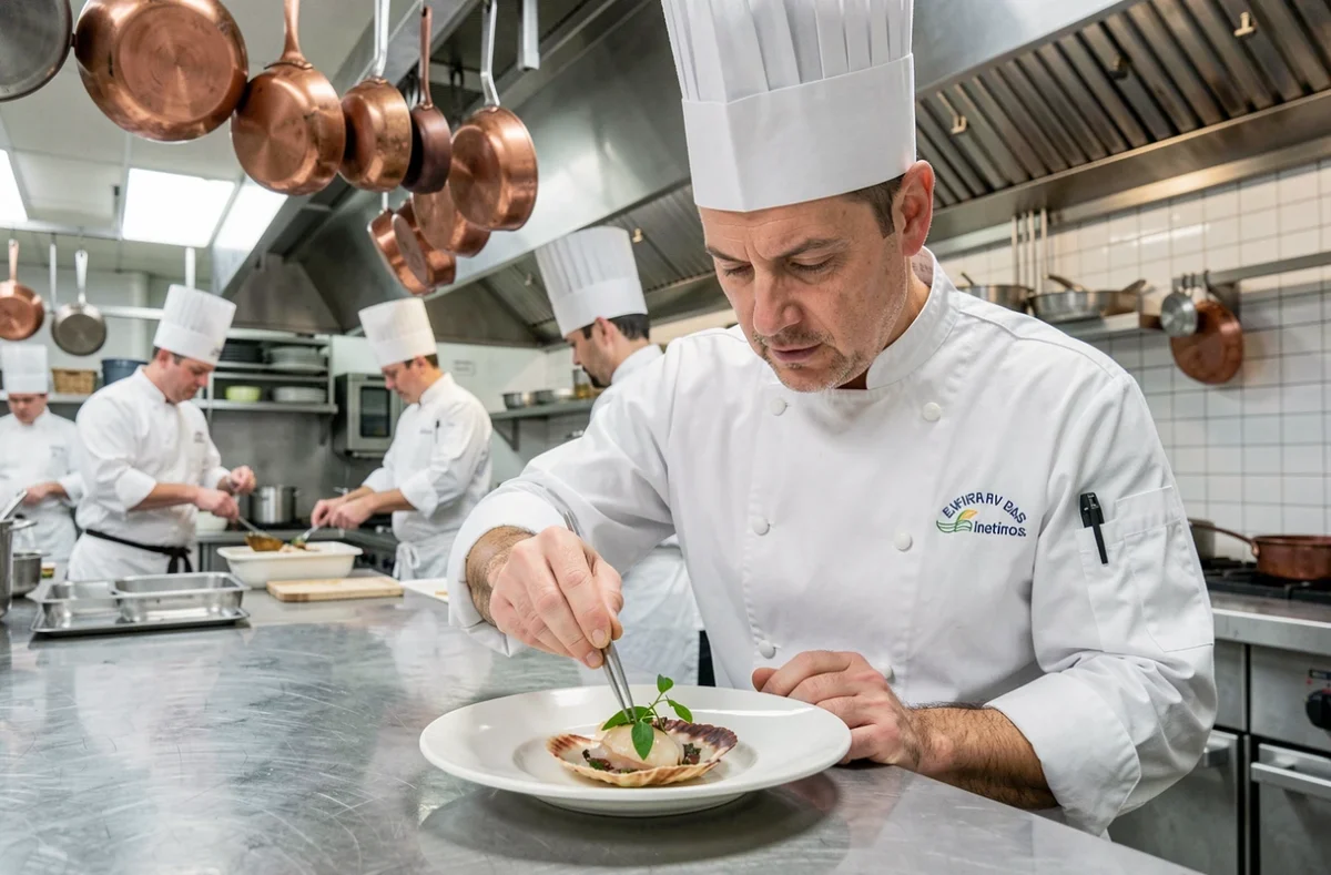Chef étoilé en train de dresser un plat de saint-jacques dans la cuisine ouverte d'un grand restaurant de Lille