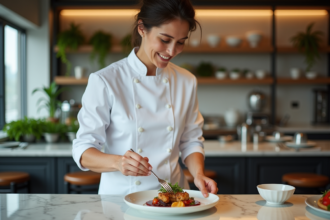 Chef femme en cuisine raffinée en train de dresser un plat