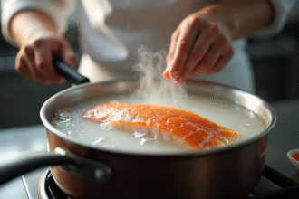 Chef déposant un filet de cabillaud dans une casserole vapeur