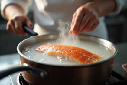 Chef déposant un filet de cabillaud dans une casserole vapeur