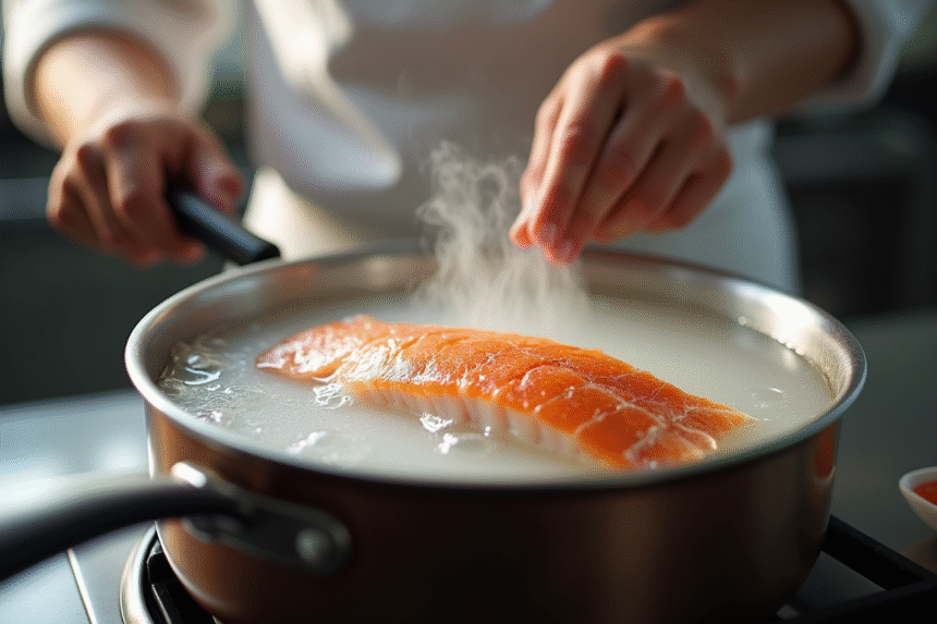 Chef déposant un filet de cabillaud dans une casserole vapeur