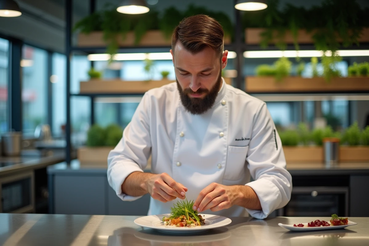 Chef en cuisine garnissant un plat végétal innovant en cuisine hightech
