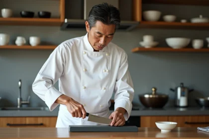 Chef japonais affûtant un couteau sur pierre à eau
