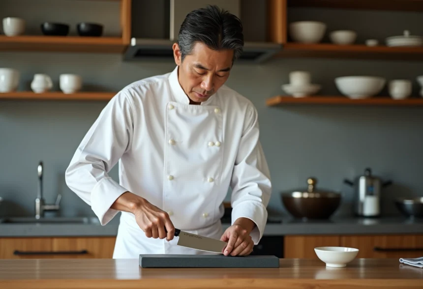 Chef japonais affûtant un couteau sur pierre à eau