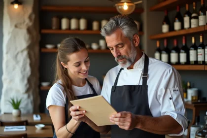 Chef et serveuse dans un restaurant rustique