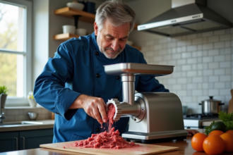 Chef en cuisine hachant de la viande fraîchement moulue
