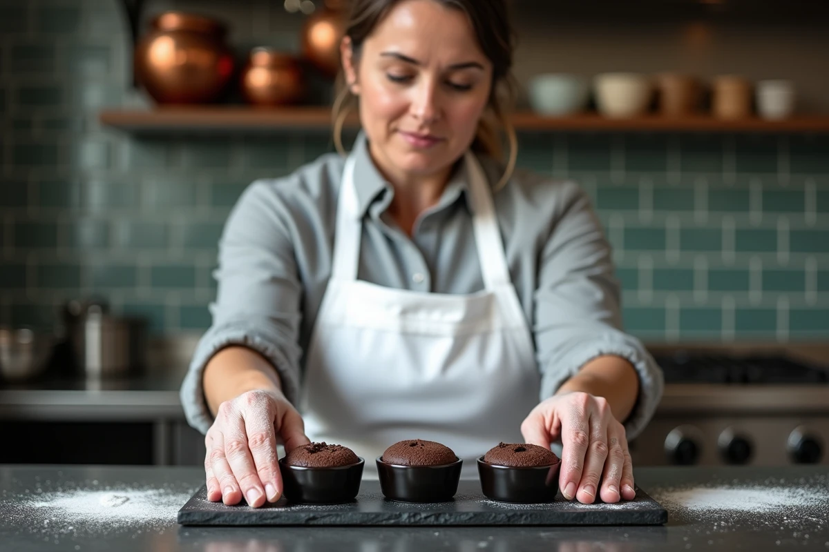Chef pâtissière arrangeant des ramequins de fondant au chocolat sur un plateau en ardoise dans une cuisine professionnelle