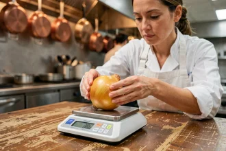Cheffe cuisinière pesant un oignon jaune sur une balance de cuisine professionnelle pour réussir une recette