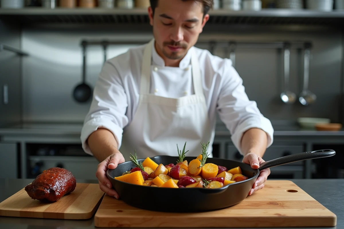 Chef professionnel préparant un confit de canard avec légumes rôtis dans une poêle en fonte en cuisine