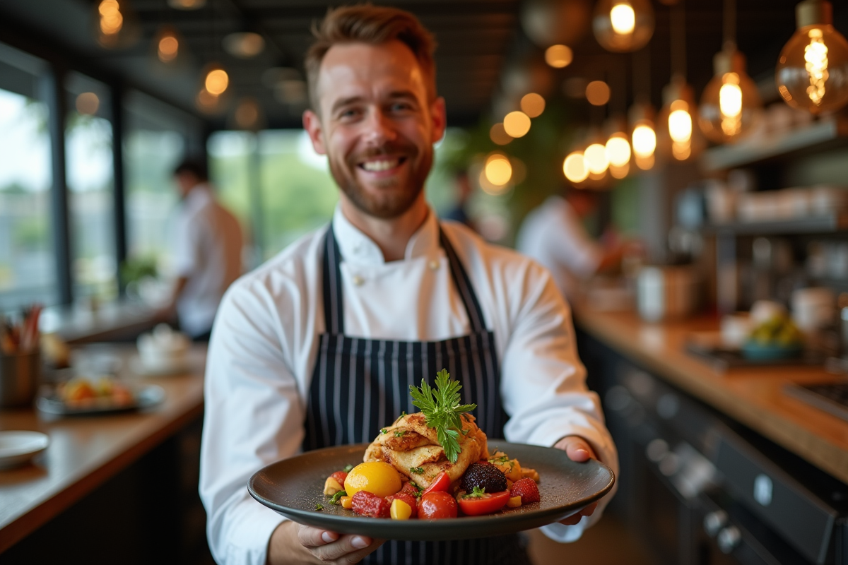 Chef présentant un plat innovant dans une cuisine ouverte moderne