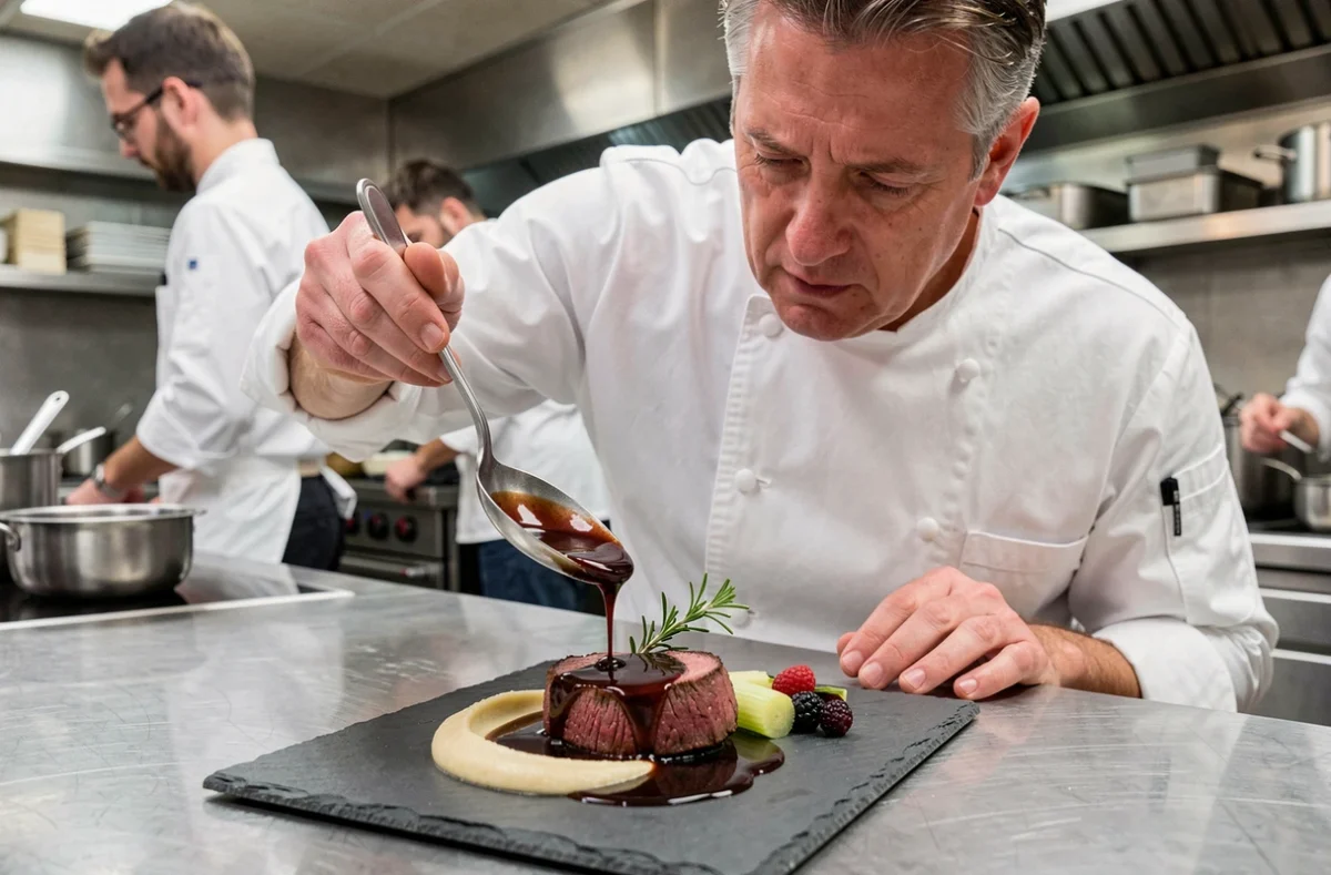 Chef nappant un médaillon de chevreuil d'une sauce grand veneur dans une cuisine de restaurant gastronomique moderne