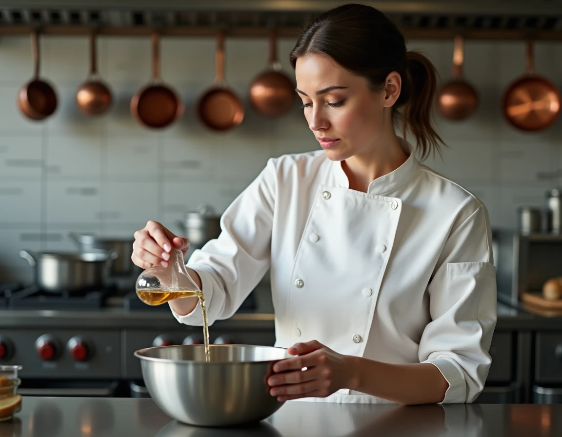 Cheffe cuisinière versant 12,5 cl de liquide dans un bol en inox dans une cuisine professionnelle