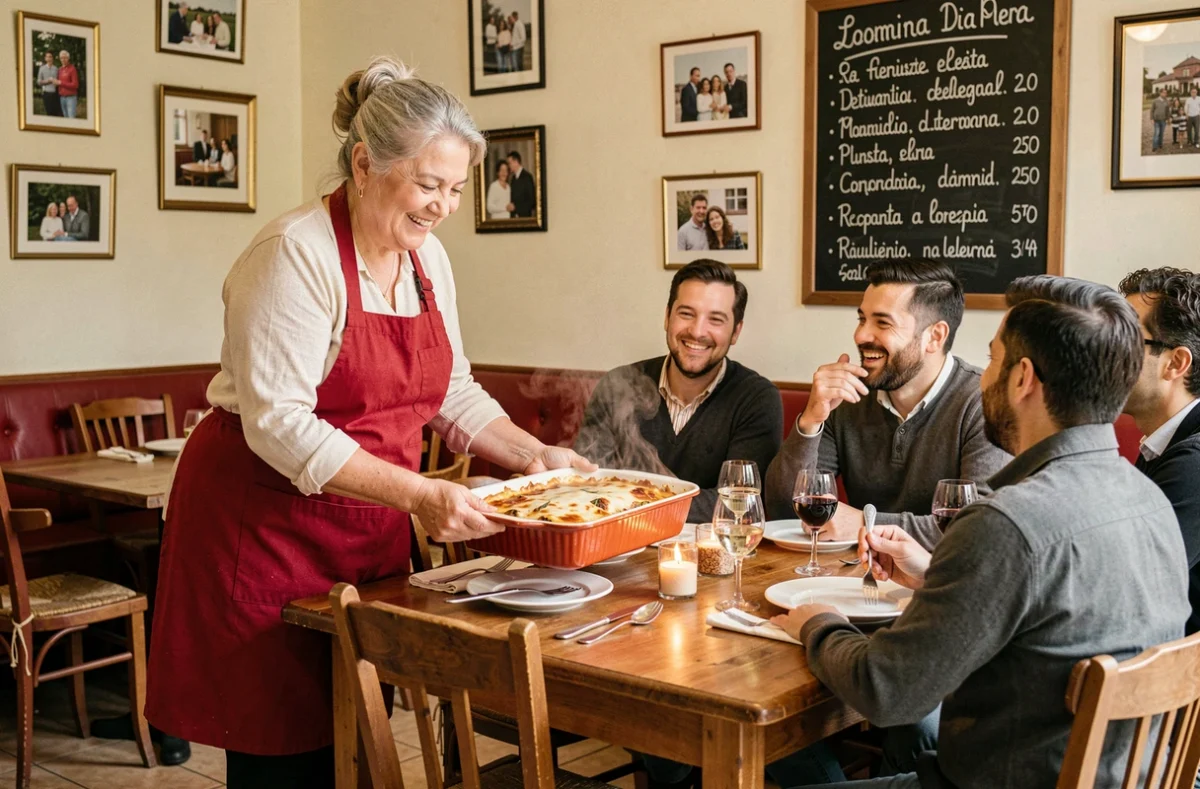 Rosa sert avec enthousiasme un gratin de lasagnes maison fumant à une tablée d'amis dans la salle conviviale et familiale de Chez Rosa à Moulins-lès-Metz