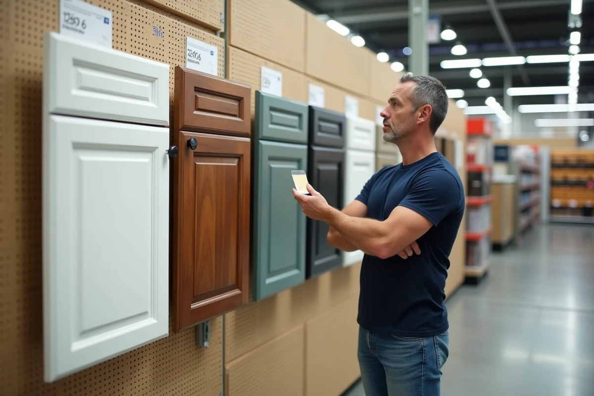 Homme comparant différents modèles de portes de cuisine en magasin pour choisir son remplacement