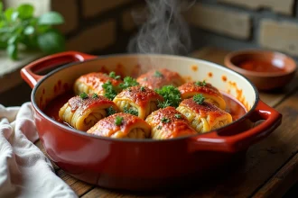 Chou farci maison servi dans une cocotte en céramique rustique sur une table en chêne, garni de persil frais et de sauce tomate aux herbes