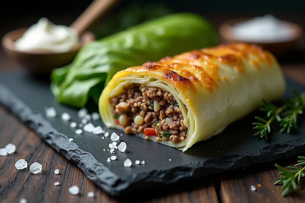 Gros plan d'un chou farci coupé en deux sur une ardoise révélant sa farce de viande hachée, riz et herbes aromatiques