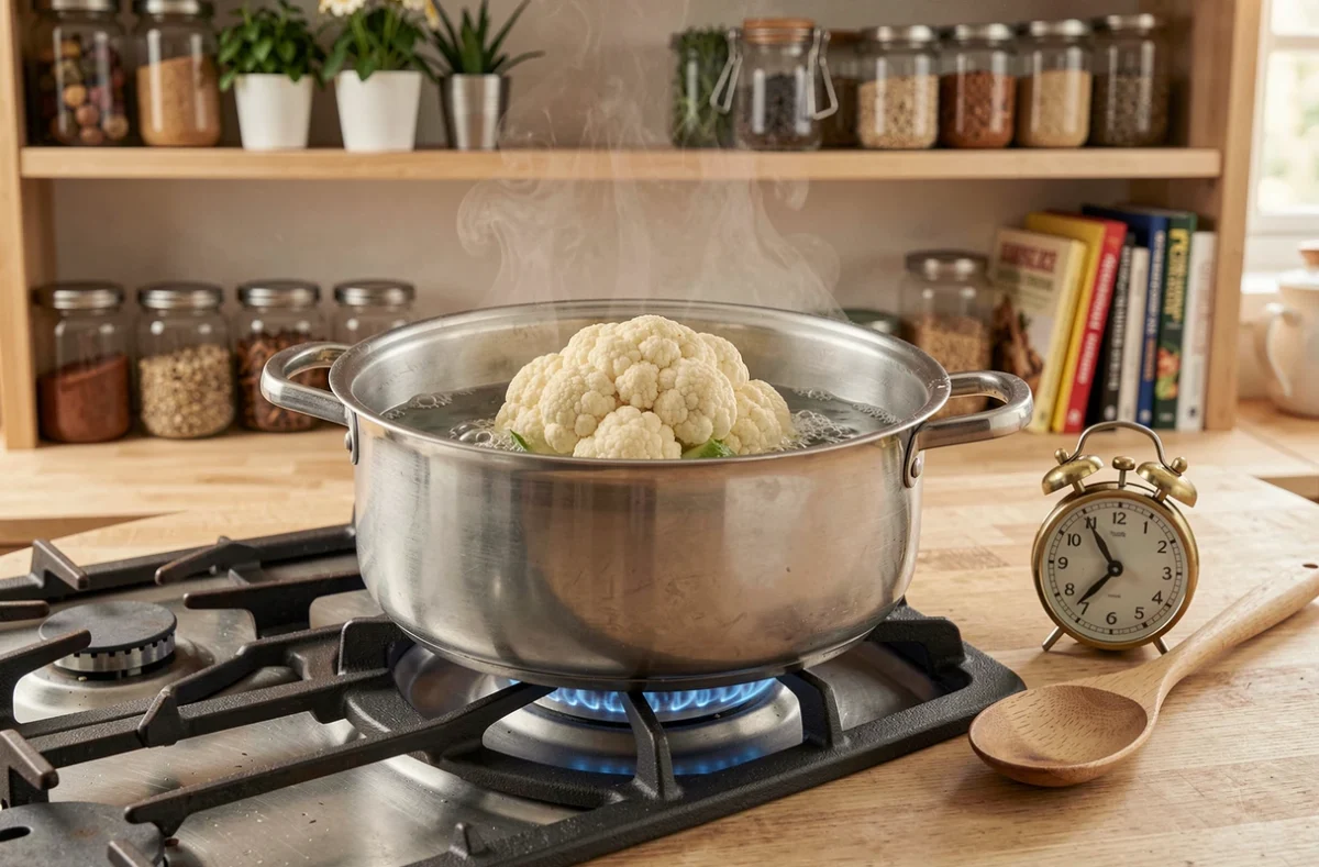 Chou-fleur entier en train de cuire dans une grande casserole d'eau frémissante sur une cuisinière à gaz, minuteur et cuillère en bois posés à côté dans une cuisine familiale