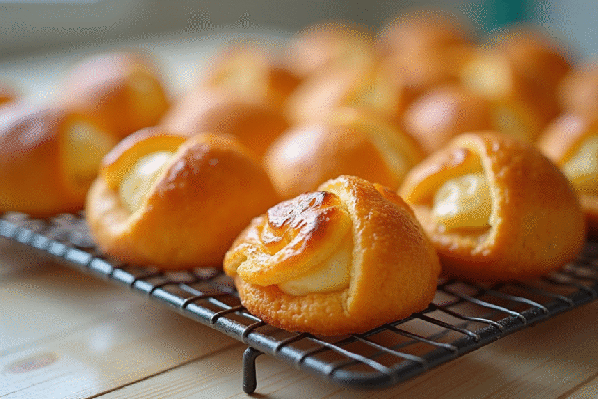 Choux pâtisserie dorés sur grille en daylight