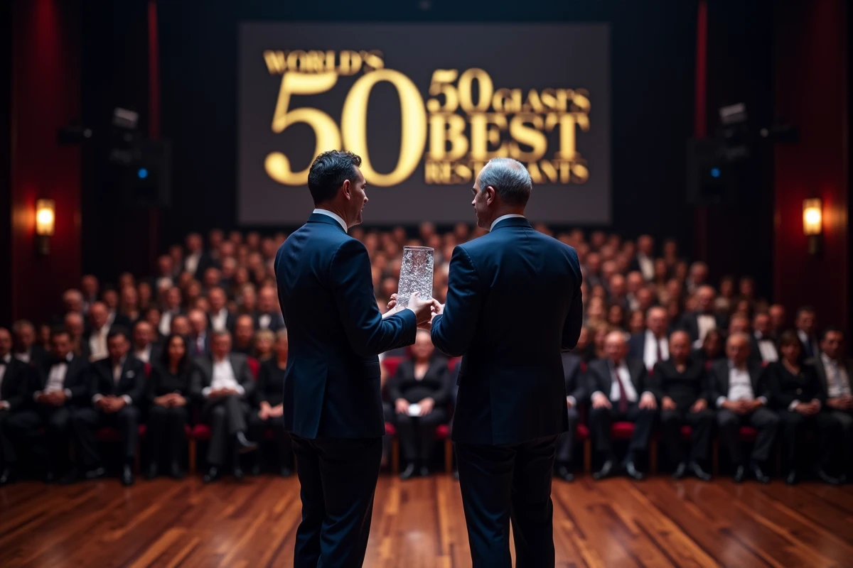 Chef français recevant un trophée lors d'un classement international type World's 50 Best