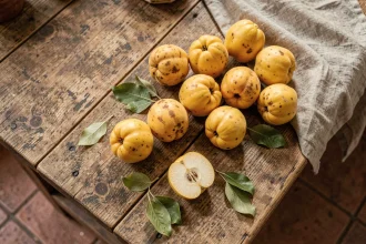 Coings dorés entiers et coupés en deux sur une table en bois rustique avec un torchon en lin, vue de dessus