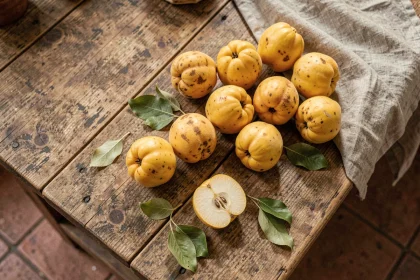 Coings dorés entiers et coupés en deux sur une table en bois rustique avec un torchon en lin, vue de dessus