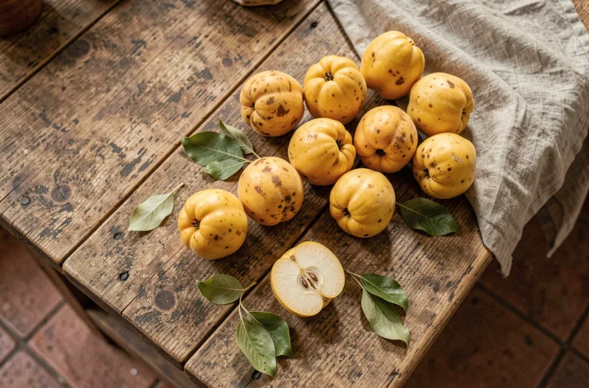 Coings dorés entiers et coupés en deux sur une table en bois rustique avec un torchon en lin, vue de dessus