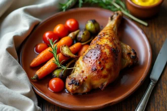 Assiette rustique de confit de canard accompagné de légumes rôtis de saison sur table en bois de ferme française