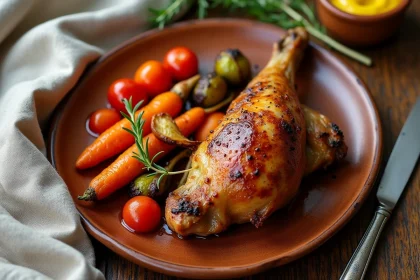 Assiette rustique de confit de canard accompagné de légumes rôtis de saison sur table en bois de ferme française