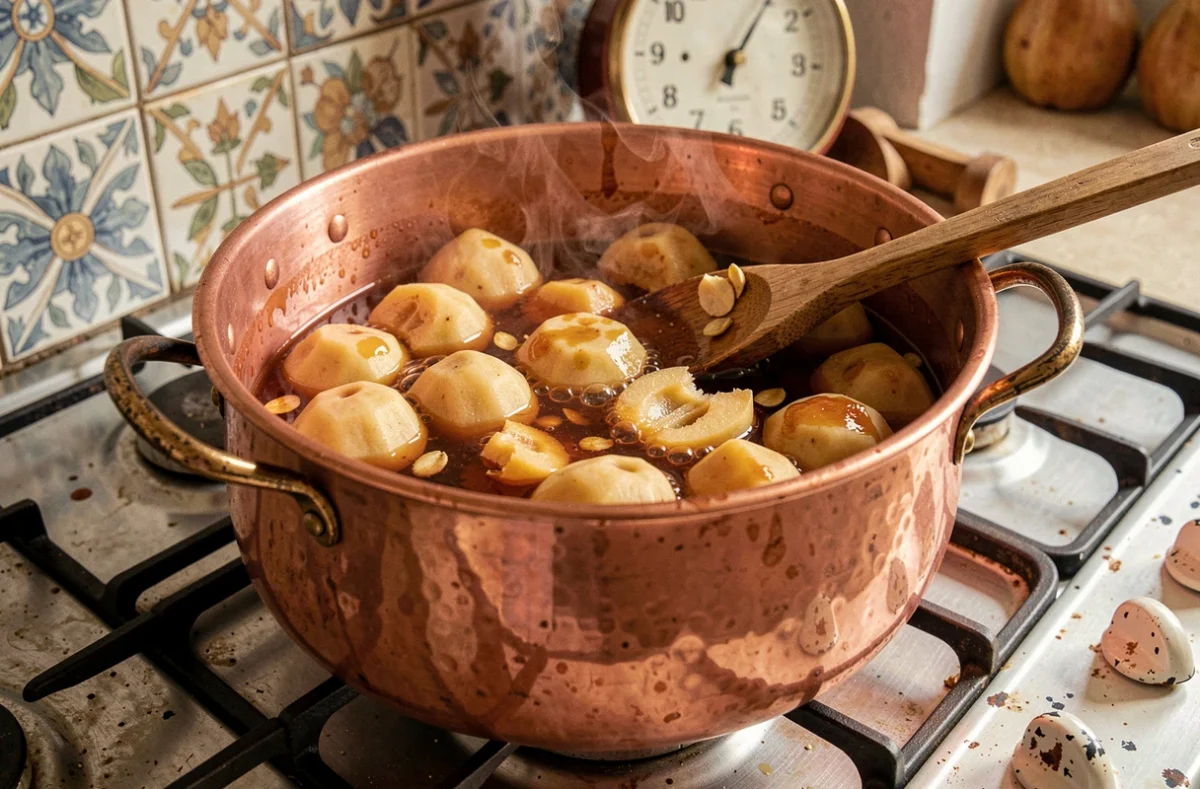 Confiture de coings en train de mijoter dans une bassine en cuivre avec morceaux non pelés et pépins visibles