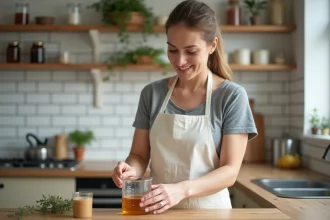 Femme versant 10 cl de liquide dans un verre doseur gradué dans une cuisine moderne en bois