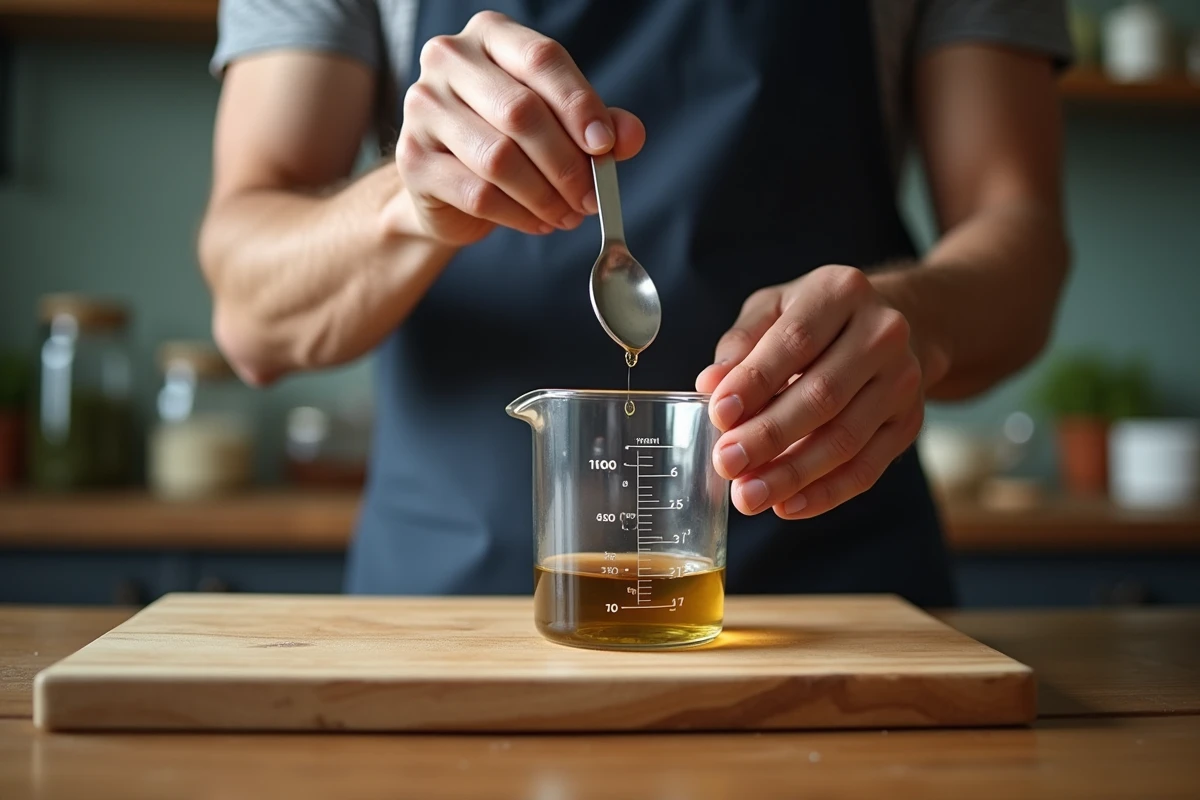 Gros plan de mains mesurant des gouttes de liquide dans un bécher gradué en millilitres sur une planche en bois