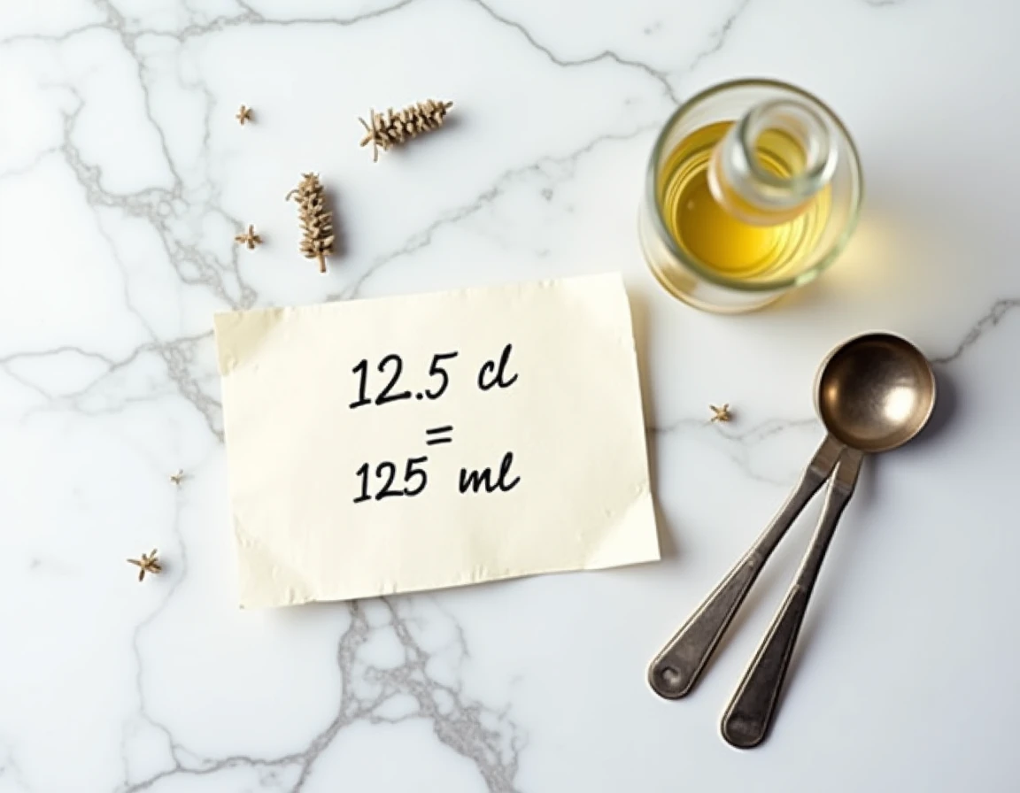 Vue de dessus avec une bouteille de 125 ml, une fiche de conversion cl en ml et des ustensiles de mesure sur marbre blanc