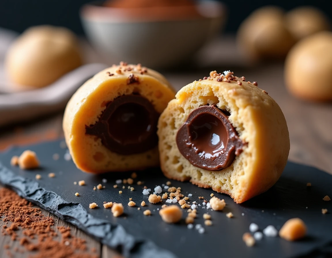 Coupe transversale d'un cookie dough ultra fondant avec cœur coulant au chocolat sur ardoise noire