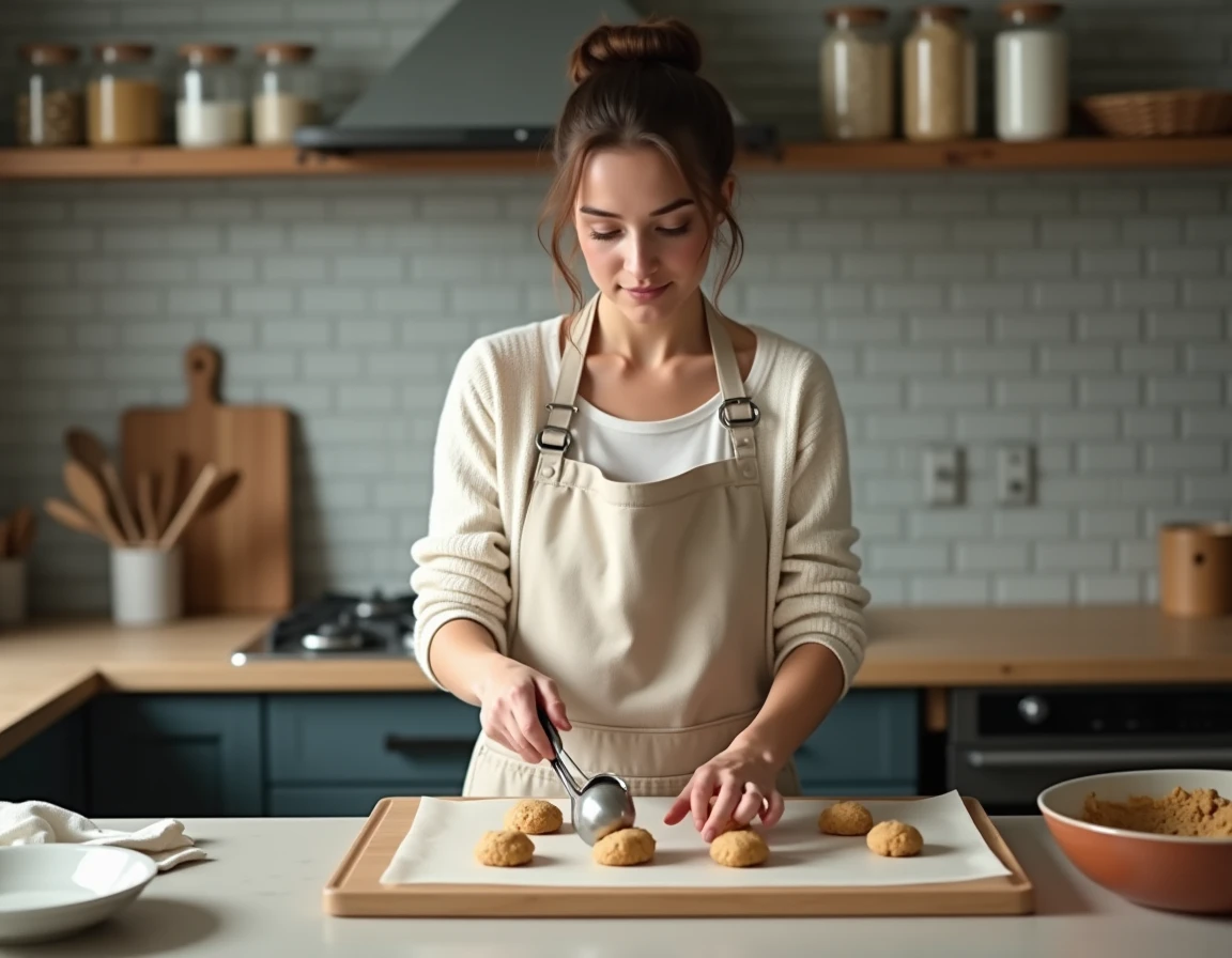 Femme préparant des boules de cookie dough sur une plaque de cuisson dans une cuisine moderne