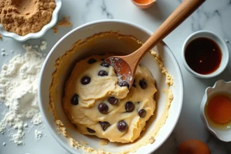 Bol de pâte à cookie dough crue avec pépites de chocolat noir sur un plan de travail en marbre, vue de dessus