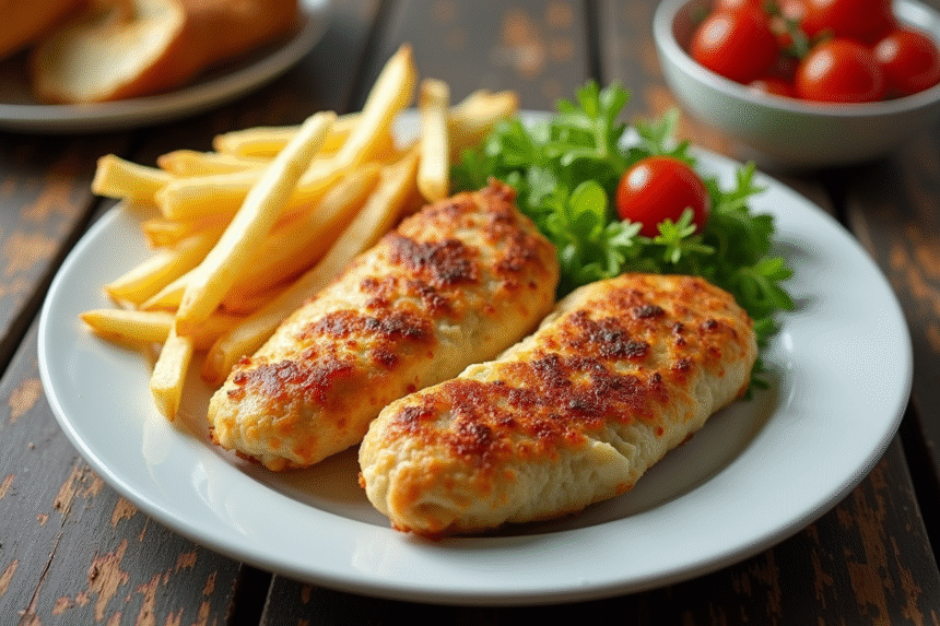 Cordon bleu servi avec frites et salade verte