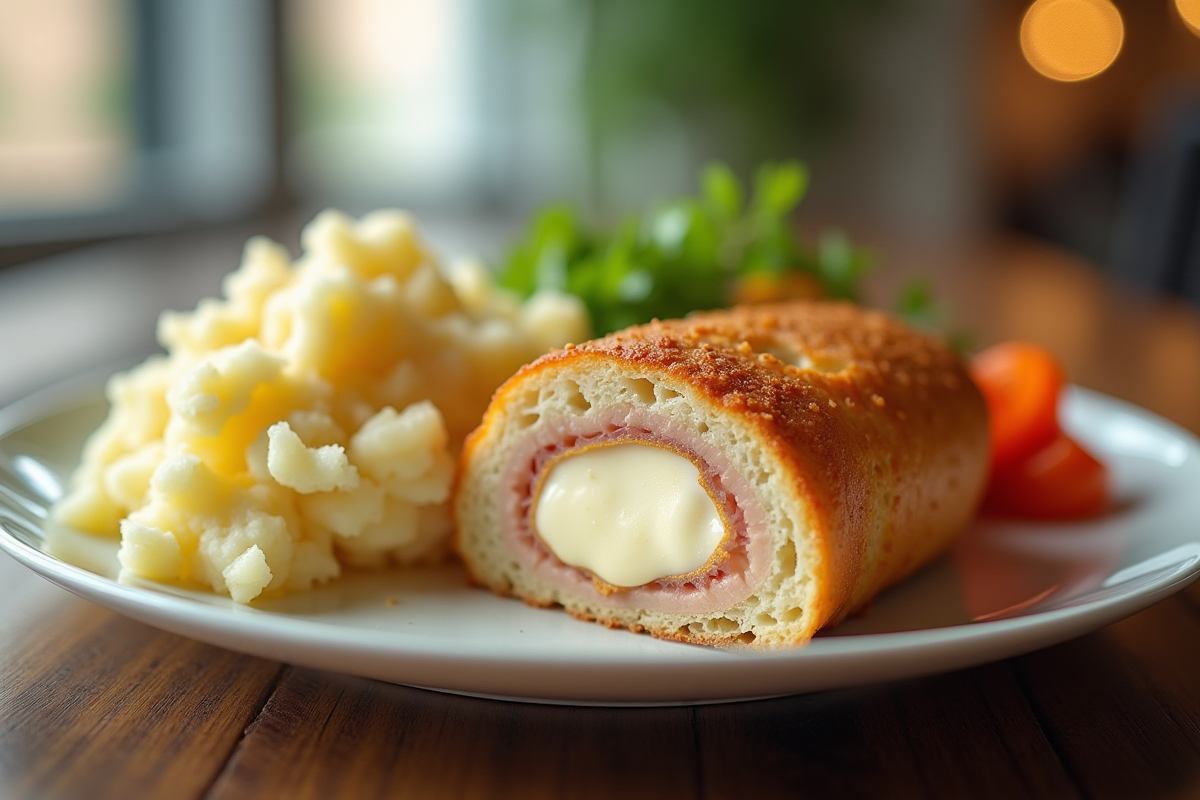 Cordon bleu tranché avec fromage fondu et légumes