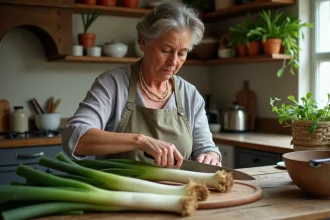 Femme coupant des poireaux bio sur une planche en bois dans une cuisine rustique