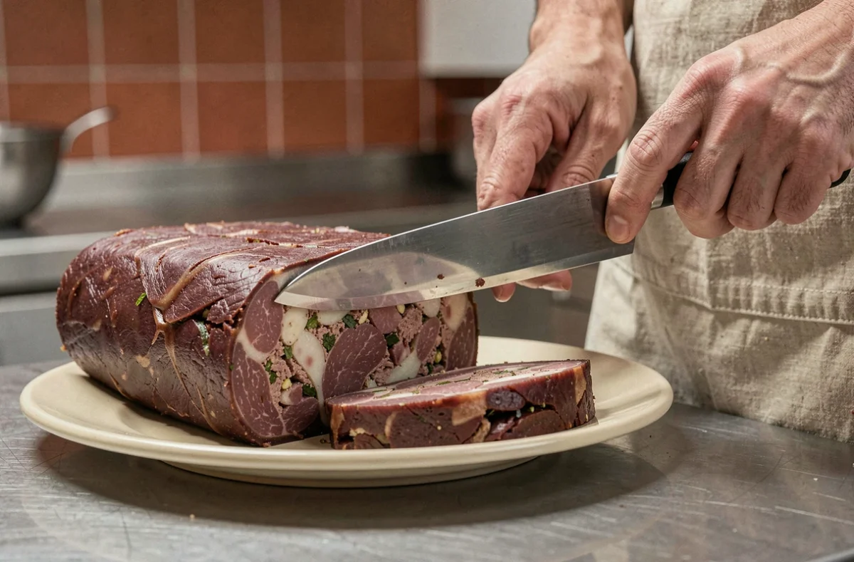 Coupe d'une terrine de gibier révélant l'intérieur marbré avec gibier et herbes aromatiques lors du tranchage
