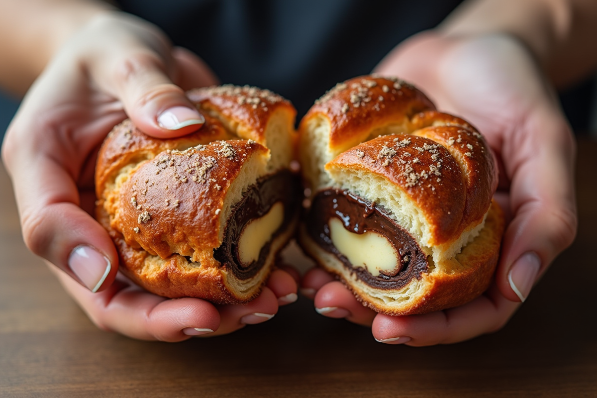 Mains cassant un pain au chocolat pour voir la garniture