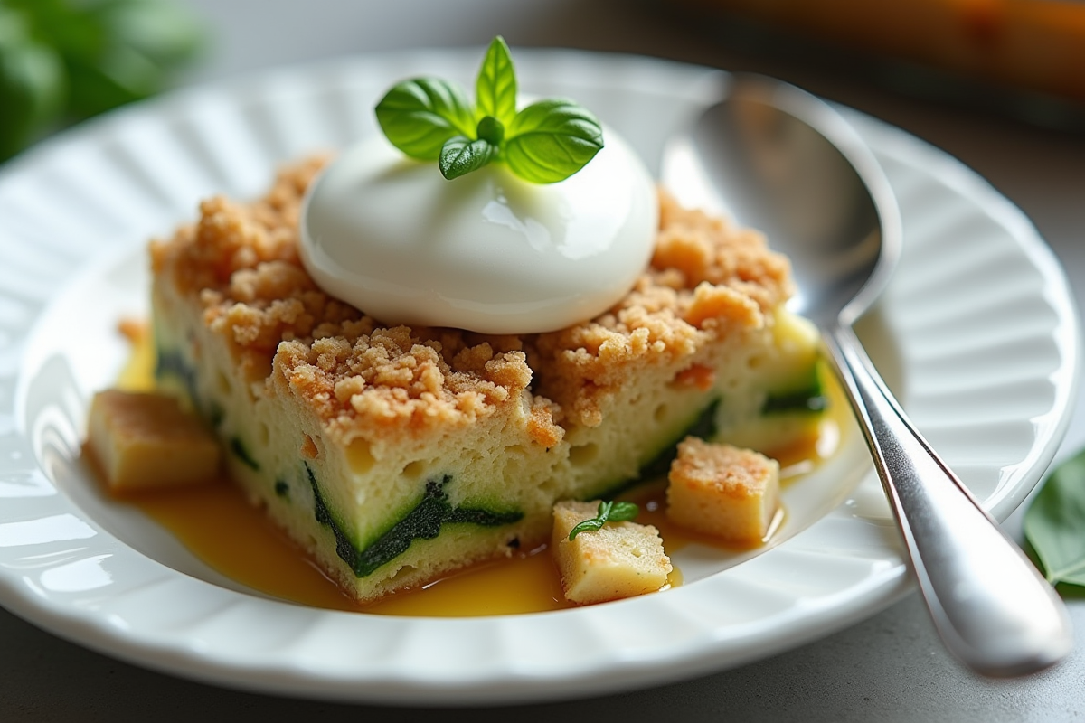 Part de crumble de courgette avec crème sur une assiette blanche